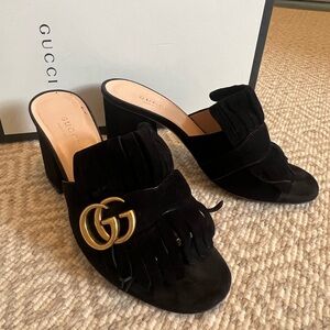 Gucci Tassel Logo Suede Slides Black Block Heel